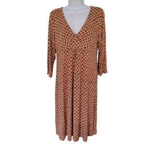 Tommy Bahama M Brown Coral Geometric Lattice Print V-Neck Midi Dress Empire Wais